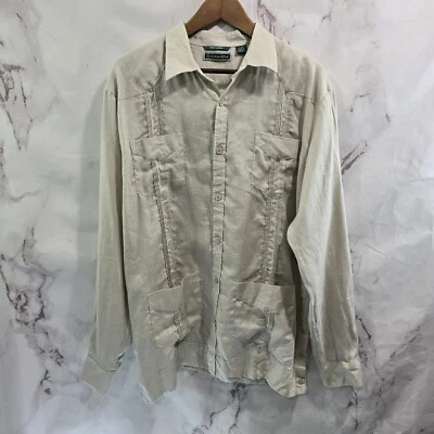 Camisa Cubavera Para Hombres Grande Lino Botón Beige De Colección Safari Utilidad Carga Indiana  Foto 1 de 4
