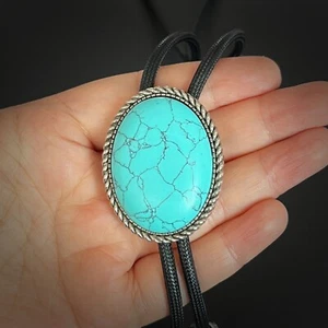 Natural Turquoise Stone Mens Bolo Tie Cowboy Vintage Alloy Waxed Rope Wedding - Picture 1 of 10