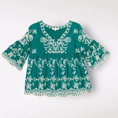 Solitaire Boho Emerald Green Embroidered Floral Cold Shoulder Top Size M Boho - Image 1 of 4