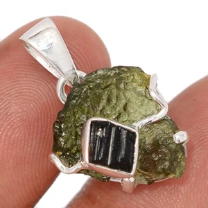 Natural Genuine Czech Moldavite & Black Tourmaline 925 Silver Pendant CP72694 - Picture 1 of 1