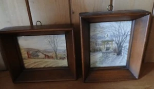 2 Vintage Miniatur gerahmt handbemalt Bauernhof Szene Bucks County, PA - Bild 1 von 8