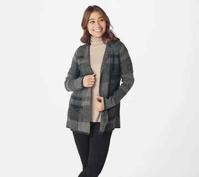 Denim & Co Long-Sleeve Buffalo Plaid Cardigan with Notch Collar Charcoal Large - Image 1 of 3