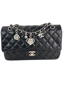 Chanel Quilted Lambskin Valentine Crystal Charms MM Single Flap Black Bag Ebay L - Picture 1 of 17