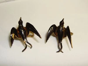 ANTIQUE GILT BRASS ENAMEL BLACK BIRDS! PETITE 3/4" X 3/4" ESTATE FIND! - Picture 1 of 9