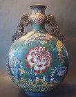 Antique Chinese Cloisonne Moon Flask Vase 20 1/2" H,  19th Century, Qing Dynasty