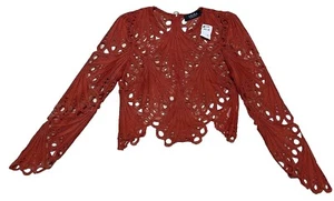 AKIRA Top Womens Small Open Weave Crop Rust Long Sleeves Full Zipper On Back NWT - Picture 1 of 11