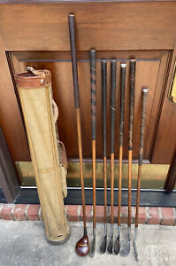 Antique hickory wood shaft Golf Clubs and Vintage Stovepipe Golf Bag