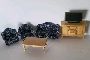 Blue Sofa Couch Armchairs Wooden Cabinet TV Table 1:12 Dollhouse Miniatures - Picture 1 of 8