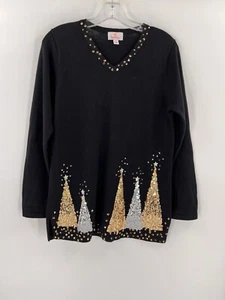Quacker Factory V-Neck Long Sleeve Sequined Christmas Tree Sweater Black XSMALL - Picture 1 of 9