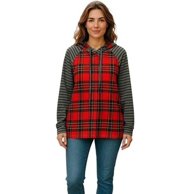 Sudadera con capucha con cordón mangas a rayas rojas a cuadros Egs California para mujer talla 1XL Foto 1 de 4