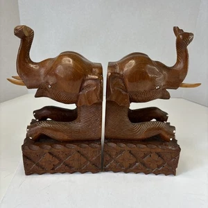 Fermalibri elefante in legno intagliato a mano vintage. 9" - Foto 1 di 11