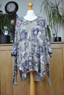 Lagenlook Oversized Knit Top One Size – Brown Floral Print Soft Lightweight - Image 1 of 4