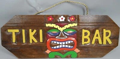 Letrero de barra Tiki placa de pared tallada a mano madera pintada cuerda retorcida ligera 20x7 Foto 1 de 4