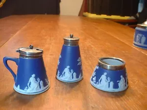 RARE Antique 19ThC Cobalt Blue Jasperware 3Pc Condiment Set By W. Adams & Sons - Picture 1 of 6