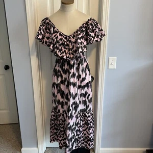 Abito midi bohemien MARIA CHER piccolo Dabir rosa e nero stampa Ikat smocked - Foto 1 di 7
