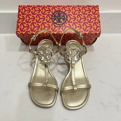 Tory Burch Miller Logo Womens Wedge Sandal Gold Classic Luxury Timeless Size 7.5 - Image 1 of 4