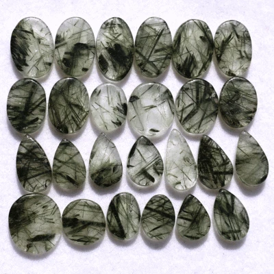 25 Pcs Natural Green Rutile Quartz Hi-Quality 9mm-13.7mm Cabochon Gemstones Lot - Image 1 of 4