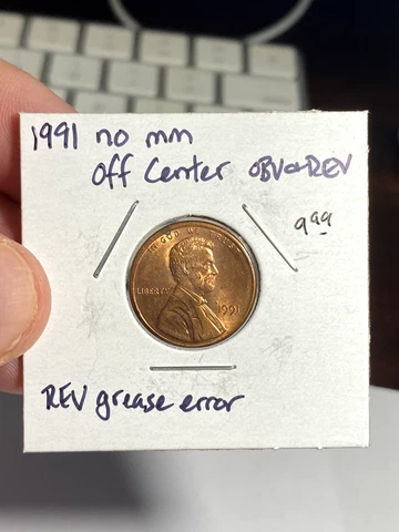 1991 P United States 1 Cent Error Coin - Off Center Obvserse and Reverse, Grease Cover