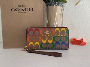 NWT Coach CA720 Long Zip Around Wallet with Rainbow Signature Canvas & Leather