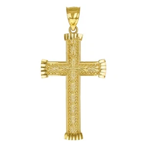 14k Yellow Gold Solid Diamond Cut Leaf Pattern Cross Pendant 1.9" 3.3 grams - Picture 1 of 4