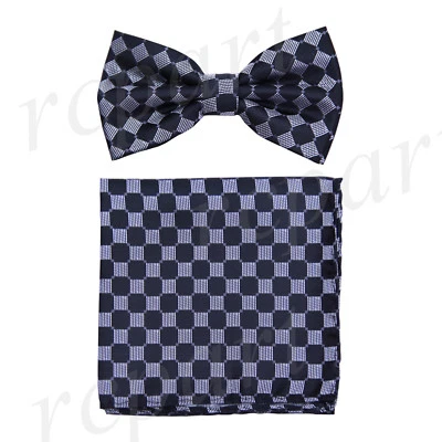 Conjunto de pajarita y pañuelo preatado de microfibra para hombre negro gris cuadros formal  Foto 1 de 4