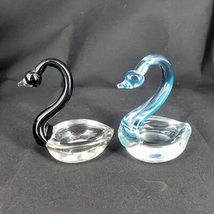 Art Glass Swan Ashtrays Turquoise & Smokey Gray Set Of 2 - Picture 1 of 12