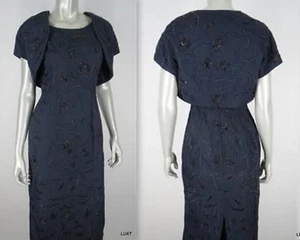 Carmen Marc Valvo Gown Dress Maxi Shrug Size 4 S Blue Beaded Embroidered Evening - Picture 1 of 12