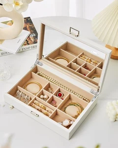 Vee Portagioie con Coperchio Organizer con Grande Specchio e Portaoggetti Pelle PU Bianco - Foto 1 di 9