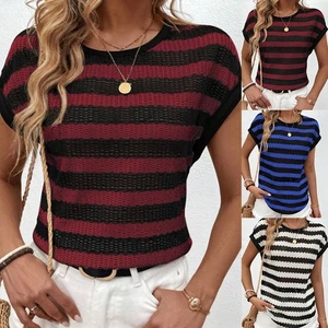 Round Neck Short Sleeve Striped T Shirt for Women Perfect for Daily Activities - Picture 1 of 72