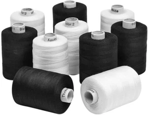 10 Black and White Spools of 3-PLY Polyester Sewing Quilting Serger Threads - Picture 1 of 3