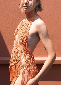 Exclusive Long Dress, Sexy Beach Wear Macrame Dress, Halter Cutout Fringe Dress - Picture 1 of 10