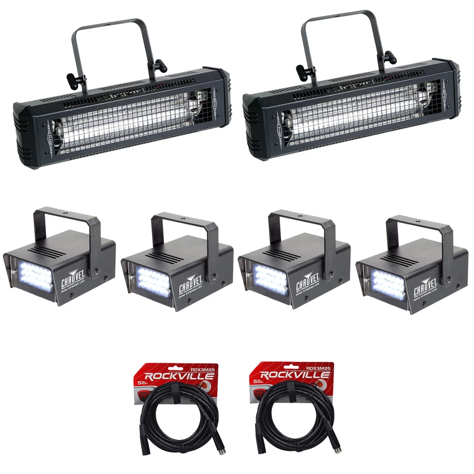 2) American DJ Mega Flash DMX 800W Compact Strobe Lights+4) Mini Strobes+Cables - Image 1 of 4