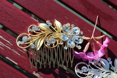 Fancy Flower Hair Comb with Crystal Rhinestones and Brushed Metal Leaves - Image 1 of 4