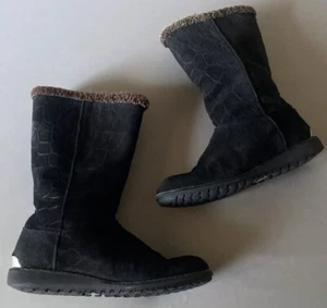 Stuart Weitzman Women’s Sz 9.5 Black Animal Print Shearling Suede Mid-Calf Boots - Picture 1 of 19