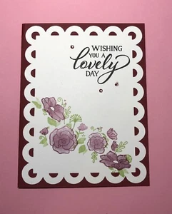 Card Set Of 4 Stampin Up Forever lovely, Berry Burst, Flowers, Scallops - Picture 1 of 2