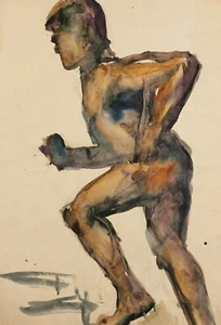 Vintage original watercolor painting running man figure - Picture 1 of 12
