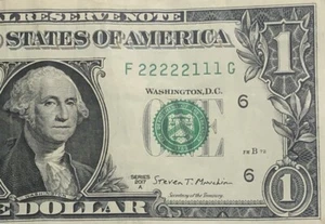 Billete de un dólar binario de lujo número de serie F22222111G FW 2s 1s - Imagen 1 de 6