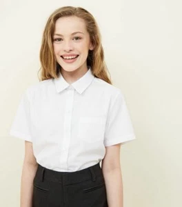 2er PACK MÄDCHEN KURZARM SCHULSHIRTS KINDER SCHULUNIFORM WEISS BLAU GR. 2-18 - Bild 1 von 7