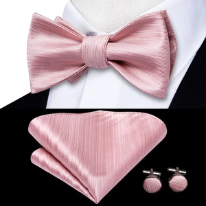 Mens Bowtie Selftied Pink Solid Bow Tie Set Wedding Event Hankie Cufflinks - Picture 1 of 8