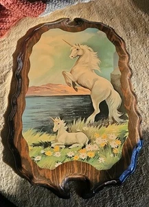 70s Unicorn Lacquered Wood Art Large 14" x 23" Vintage Decoupage *Read* - Picture 1 of 10