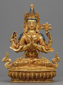 Hand Made Master piece Tibetan Chenrezig 4 Hand Buddha statue figurine sculpture - Picture 1 of 6