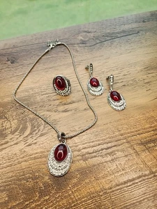 Vintage 3 Piece Parure Set Red Lucite Cabochon & Rhinestones Silver Tone MINT - Picture 1 of 6