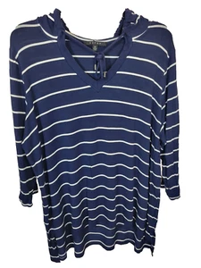 Hoodie Top Cyrus Navy Blue Striped V-Neck 3/4 Sleeve High-Low Women's Size 2X - Picture 1 of 11