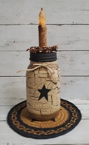 Primitive Lighted Mason Jar Crackle Painted Tan w/Black Star Jute Mat, Pip Berry - Picture 1 of 6