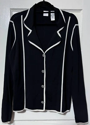 Cárdigan Emma James para mujer negro/blanco acanalado elástico con botones XL USADO EN EXCELENTE ESTADO Foto 1 de 2