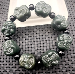 Certified Natural Type A Buddha Beads Hetian Cyan Jade Hand-Carved Bracelet
