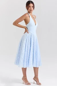HOUSEOFCB'Arietta'Bluebell Floral Jacquard Halter MidiDress/Size S-US 4-6/PA2510 - Picture 1 of 10
