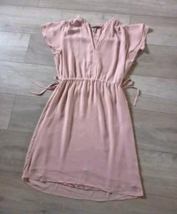 H&M Blush Nude Sheer Flared Dress Side Tie Holiday Party Smart Casual UK14 - Picture 1 of 21