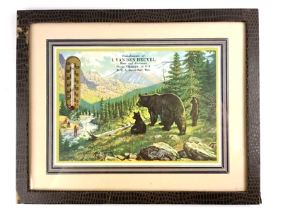 Vintage I. VAN DEN HEUVEL ADVERTISING THERMOMETER Green Bay WI Fly Fishing Bears - Image 1 of 4