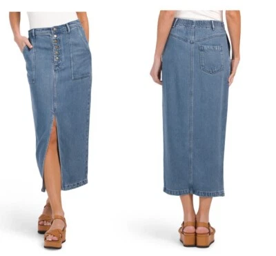 Young Fabulous & Broke Denim Midi Skirt S Front Slit Button Fly - Image 1 of 4